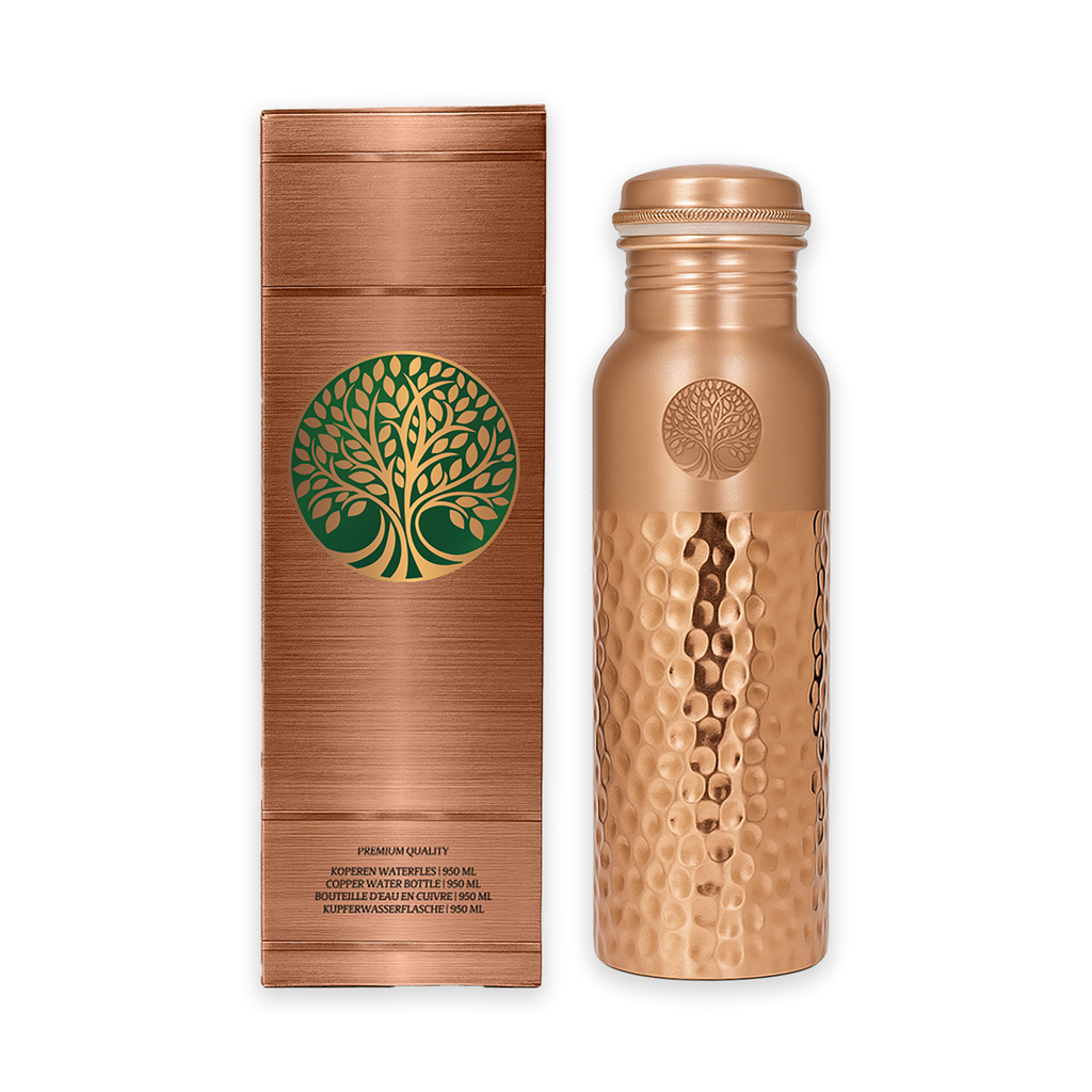 100% REINES KUPFER-WASSERFLASCHE GEHÄMMERT | PREMIUM-QUALITÄT | HANDGEFERTIGT UND EINZIGARTIG | 950 ML | 350 G