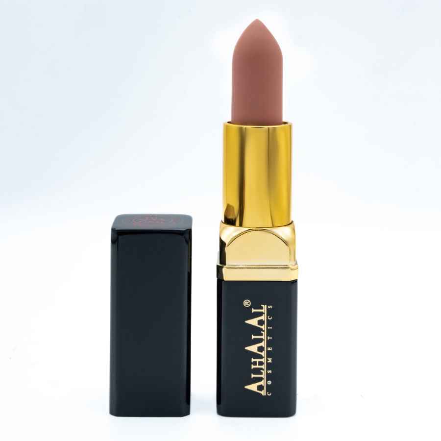 Alhalal Cosmetics Samt-Lippenstift in einem eleganten BEIGE LIPSTICK-Farbton mit goldenen Details