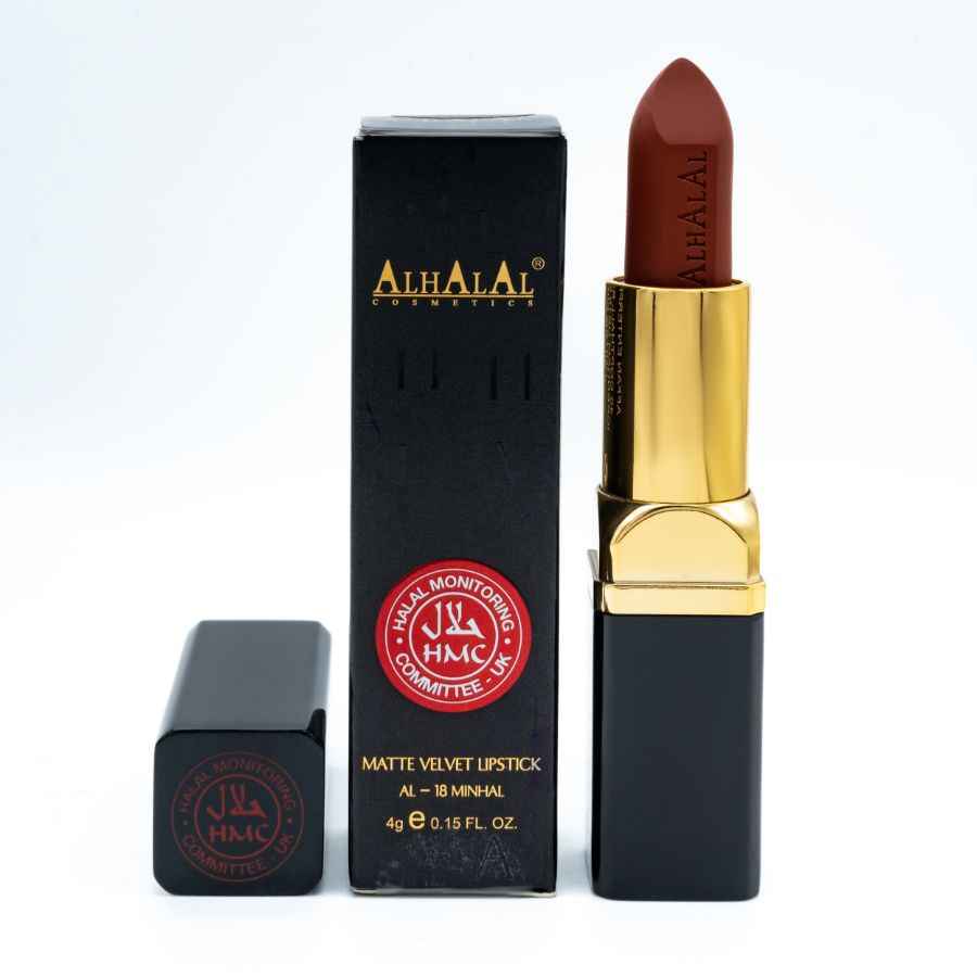 Alhalal Cosmetics matter Samt-Lippenstift in braunem Farbton mit goldener und schwarzer Verpackung BRAUN-ORANGER LIPPENSTIFT