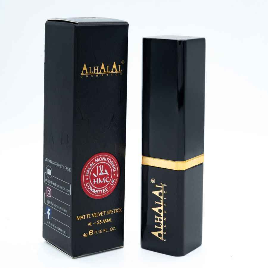 Alhalal Cosmetics brauner Samt-Lippenstift in schwarzer Luxusverpackung mit goldenen Akzenten