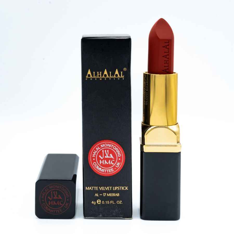 Dunkler Lippenstift von Alhalal Cosmetics in mattem Samtfinish mit luxuriöser schwarzer und goldener Verpackung