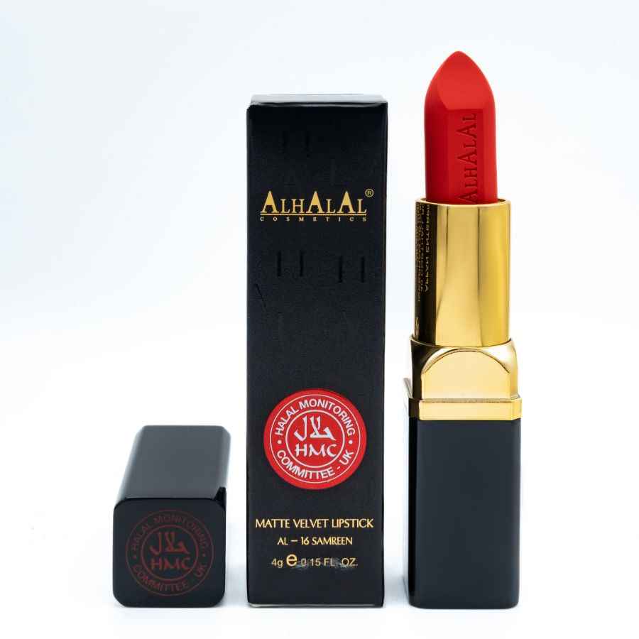 Alhalal Cosmetics MILANO LIPSTICK matte Samtlippenstift in einem satten Rot mit schwarzer und goldener Verpackung