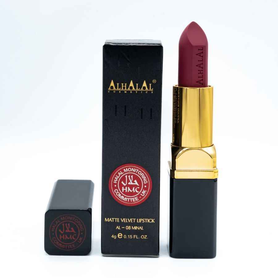 Alhalal Cosmetics matter Samtlippenstift in tiefroter Farbe mit hochwertiger Verpackung ALTER LIPPENSTIFT