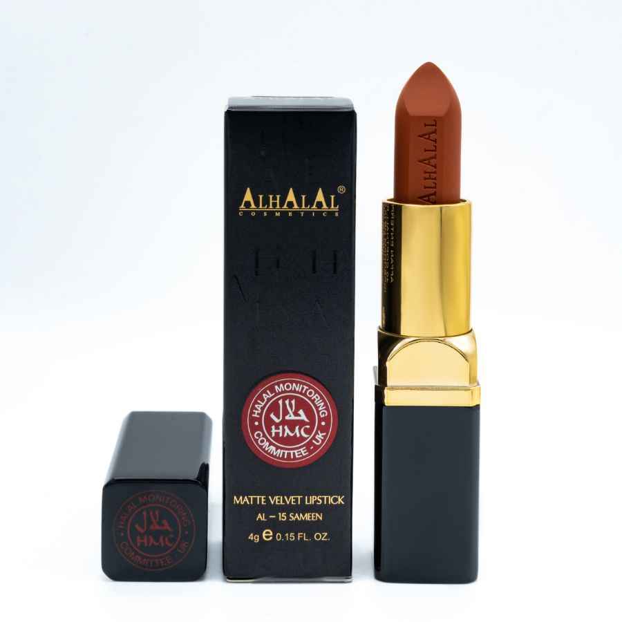 Alhalal Cosmetics matter samt-Lippenstift im Braunton mit schwarzem und goldenem Ärmel PEANUT LIPSTICK