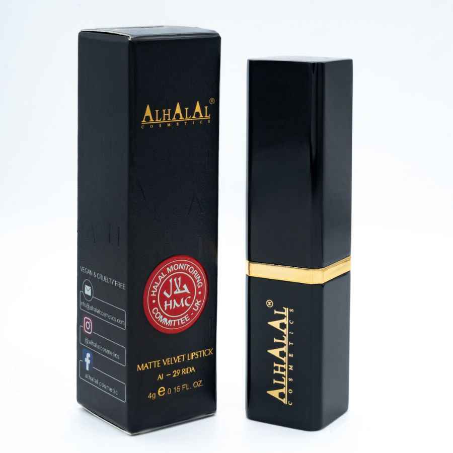 Alhalal Cosmetics Samtlippenstift in luxuriöser schwarzer Verpackung mit roter Lippenstiftfarbe