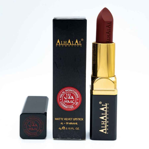 Alhalal Cosmetics matter samtroter Lippenstift in schwarzer und goldener Verpackung