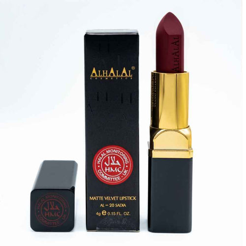 Alhalal Cosmetics matter Samtlippenstift in einem tiefroten Lippenstift mit schwarzer und goldener Verpackung