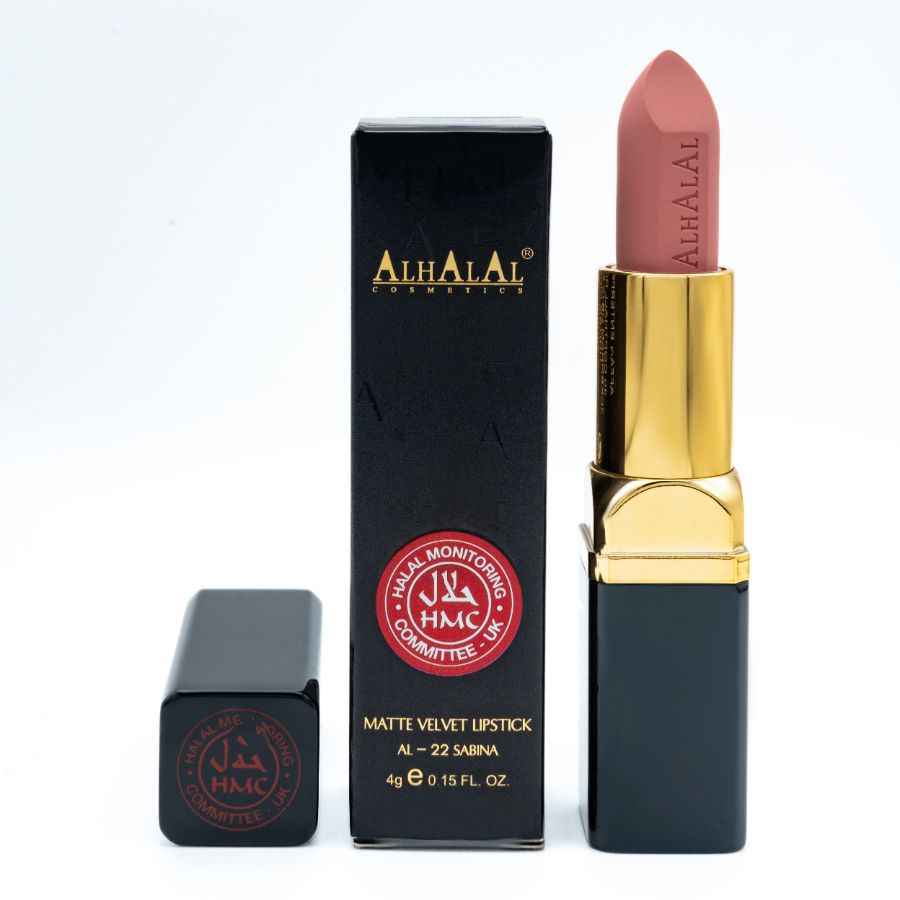 Alhalal Cosmetics matte Velvet Lippenstift in rosa Lipstave-Farbe mit luxuriöser schwarzer und goldener Verpackung