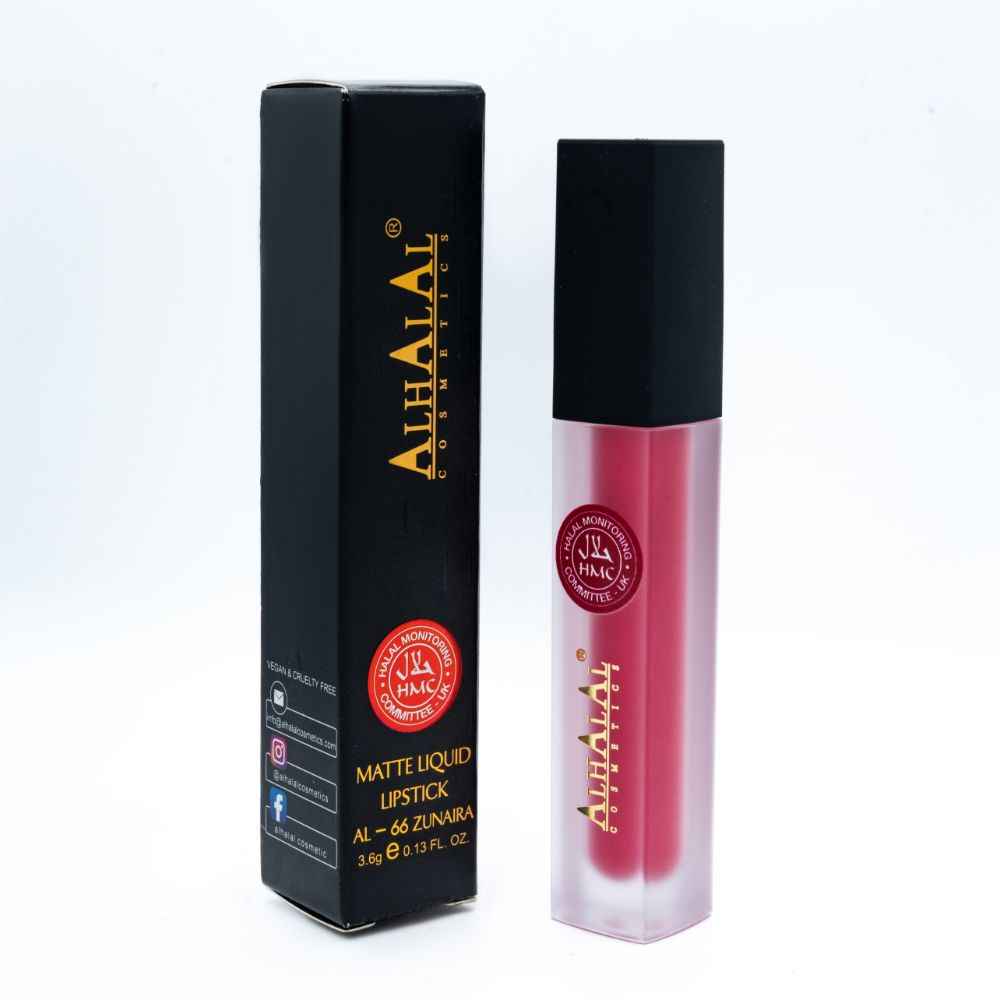 Alhalal Cosmetics pinker matter flüssiger Lippenstift mit schwarzer Verpackung und Halal-Zertifikat