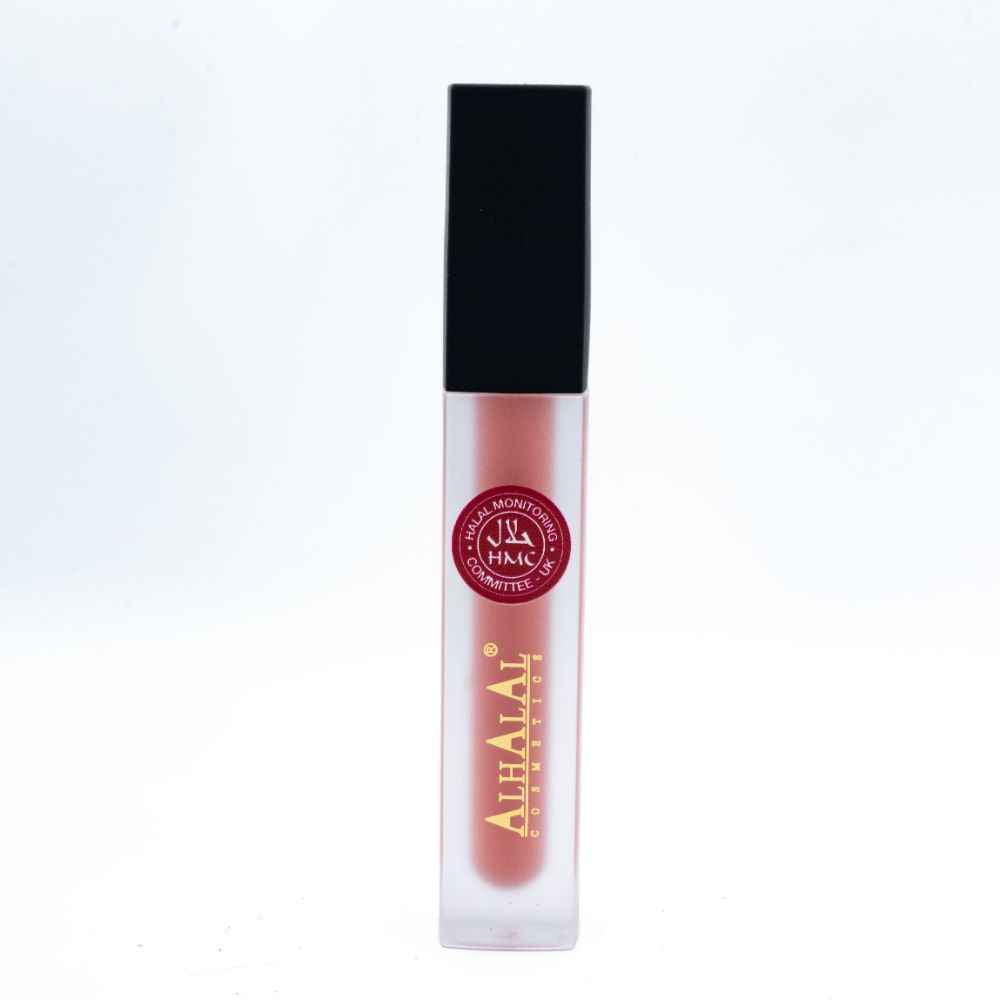Alhalal Cosmetics flüssiger Lippenstift in einem matten hellrosa Farbton mit schwarzer Kappe