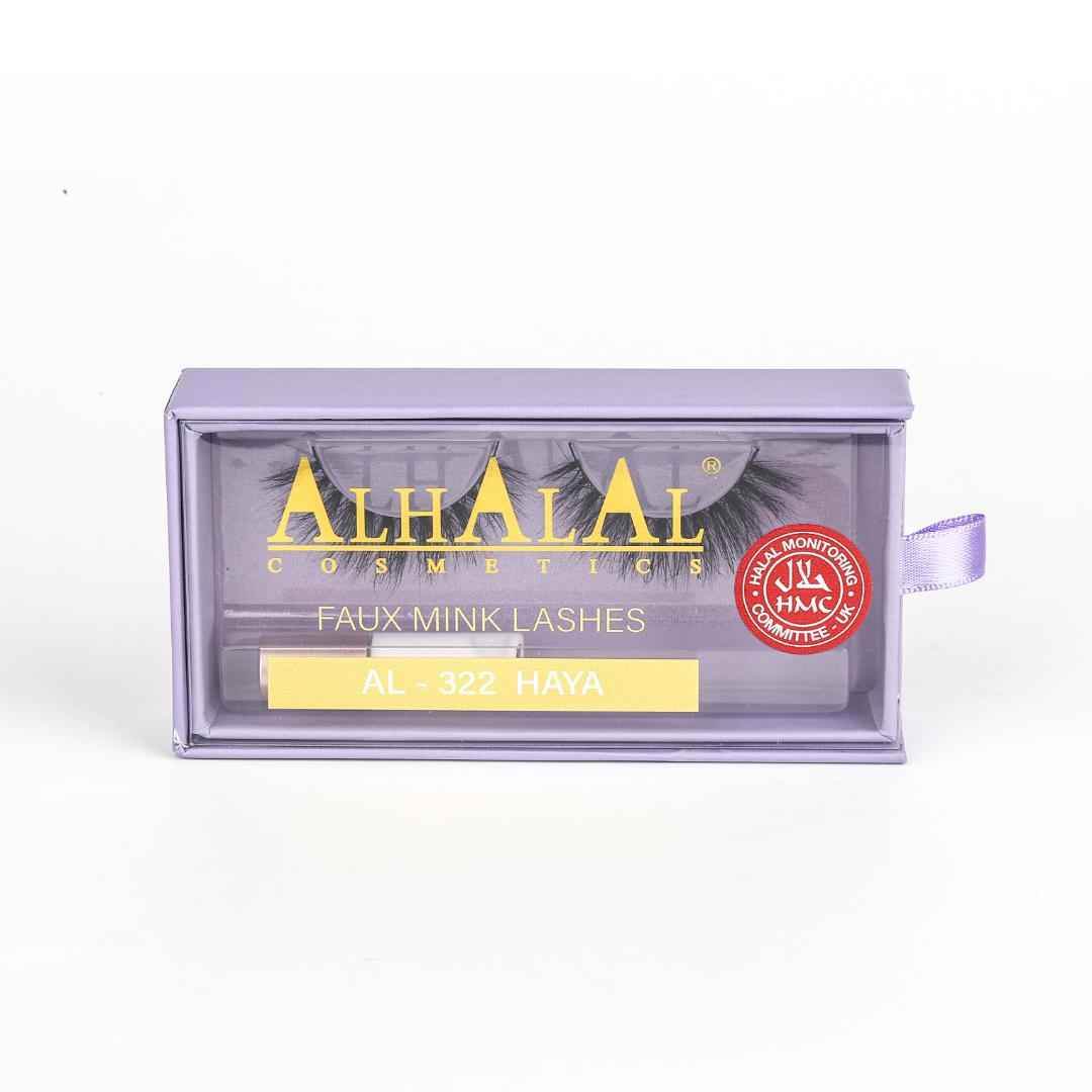 Alhalal Cosmetics Samt-Lippenstift-Verpackung mit Fokus auf Wimpern und Rückwuchseffekt